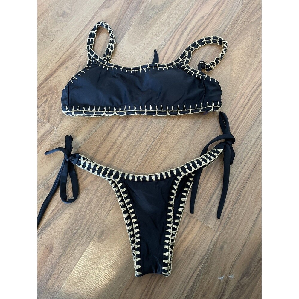 BlueMan Brazilian Bikini Set  Size Small Padded Top Pattern Black